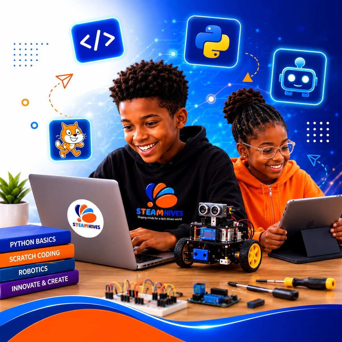Kids learning to code and build robots with STEAMhives